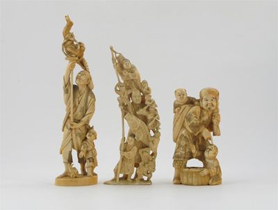 Appraisal: Three large Japanese ivory carvings one of a man with