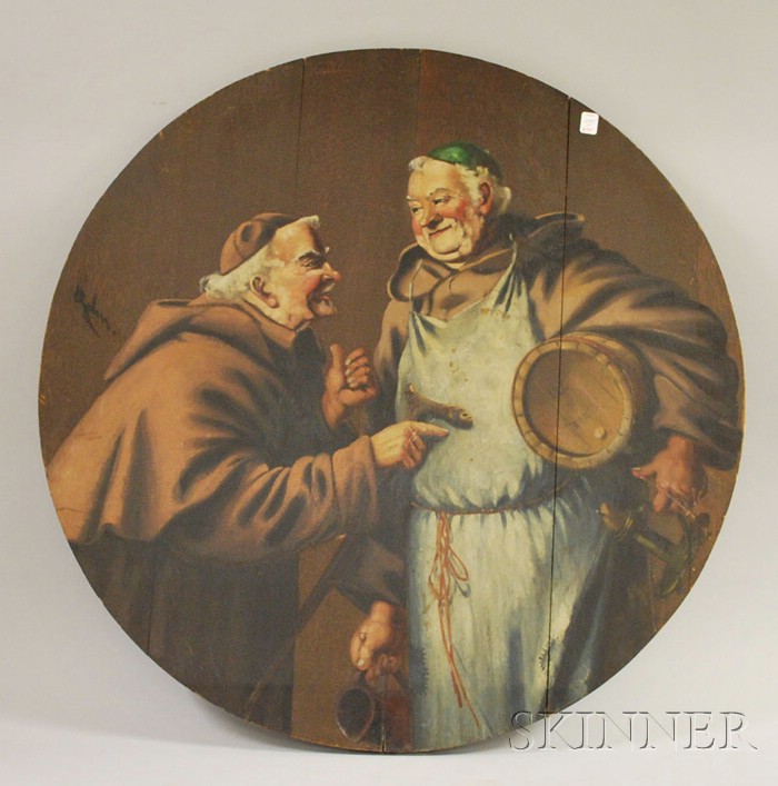 Appraisal: Circular Oil on Oak Portrait of Monks with a Keg