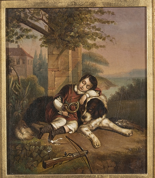 Appraisal: Antique oil on canvas painting of a boy resting on