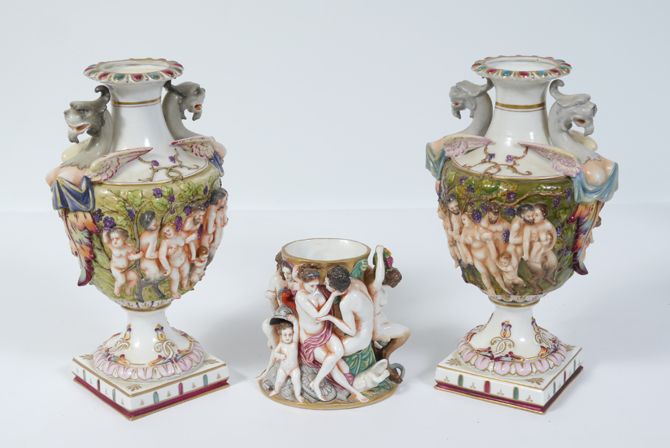 Appraisal: PAIR OF EARLIER CAPO DI MONTE URNS AND VASE pieces