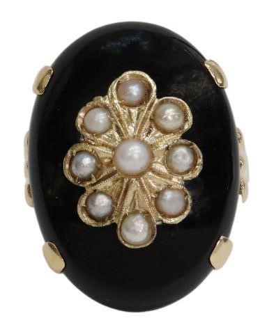 Appraisal: Estate kt yellow gold ring black onyx cabochon gold overlay