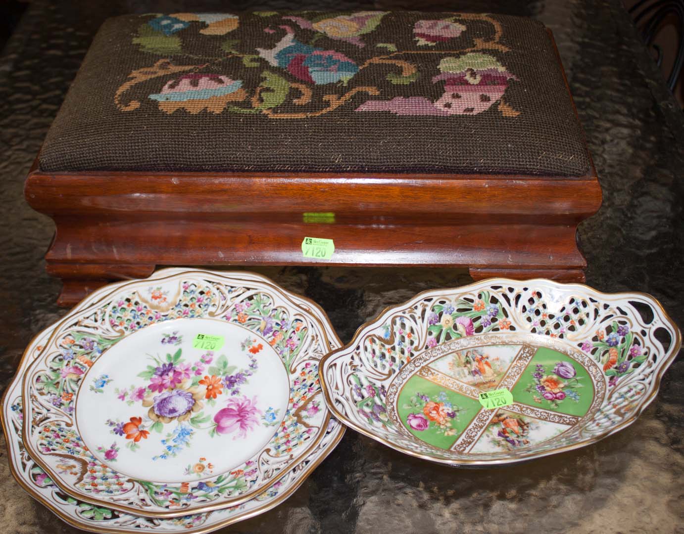 Appraisal: Assorted items including needlepoint foot stool and three Bavarian pierced