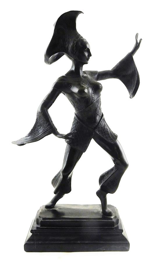 Appraisal: Art Deco style bronze figural sculpture on black marble pedestal