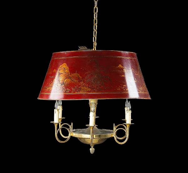 Appraisal: An Empire style gilt brass and scarlet lacquered t le