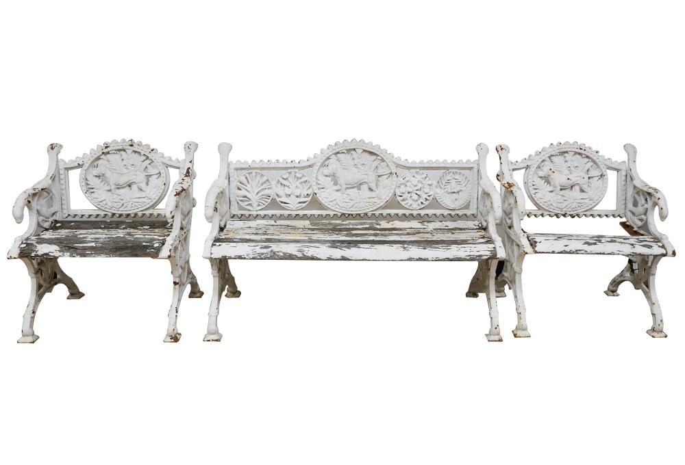 Appraisal: VICTORIAN WHITE-PAINTED IRON GARDEN FURNITURE SUITEcomprising a bench inches wide