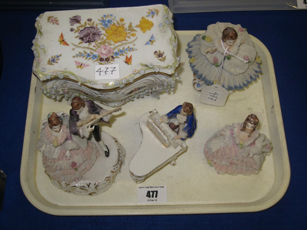 Appraisal: Tray lot comprising assorted continental ceramics trinket box figures etc