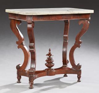 Appraisal: American Carved Walnut Marble Top Side Table th c the