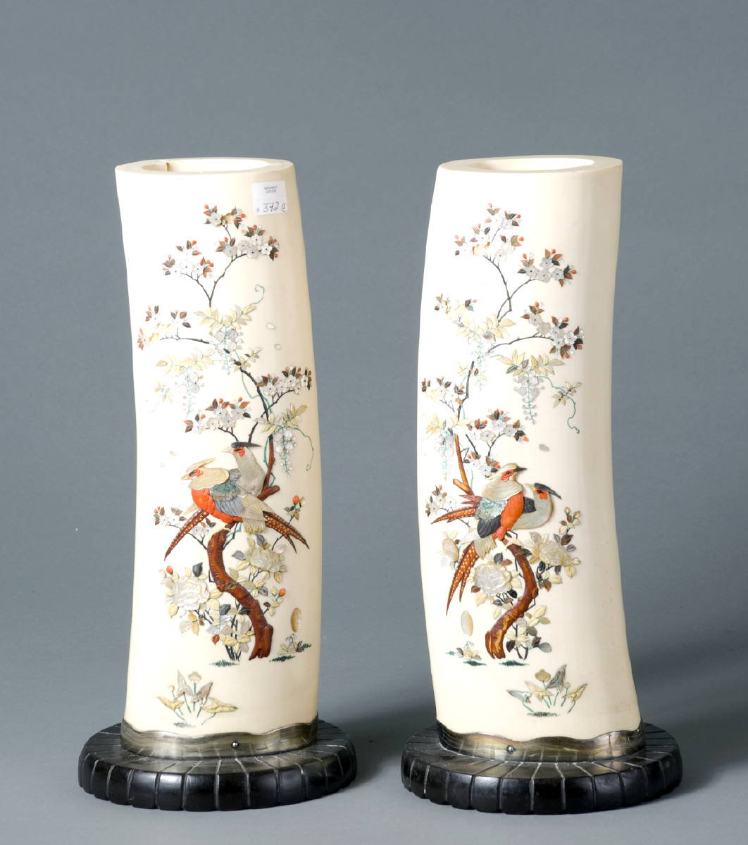 Appraisal: PAIR OF JAPANESE IVORY CARVED HARDSTONE AND MOTHER-OF-PEARL-MOUNTED TUSK VASES