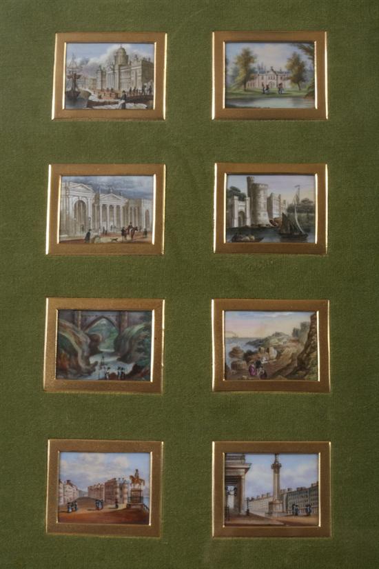 Appraisal: EIGHT HAND-PAINTED PORCELAIN MINIATURE PLAQUES OF IRISH LANDSCAPES th century