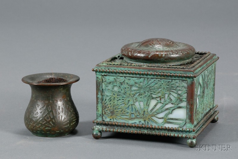 Appraisal: Tiffany Studios Inkwell and Brush Cleaner Slag glass patinated bronze