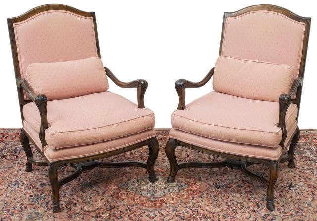 Appraisal: pair Louis XV style highback armchairs walnut frames pink upholstered