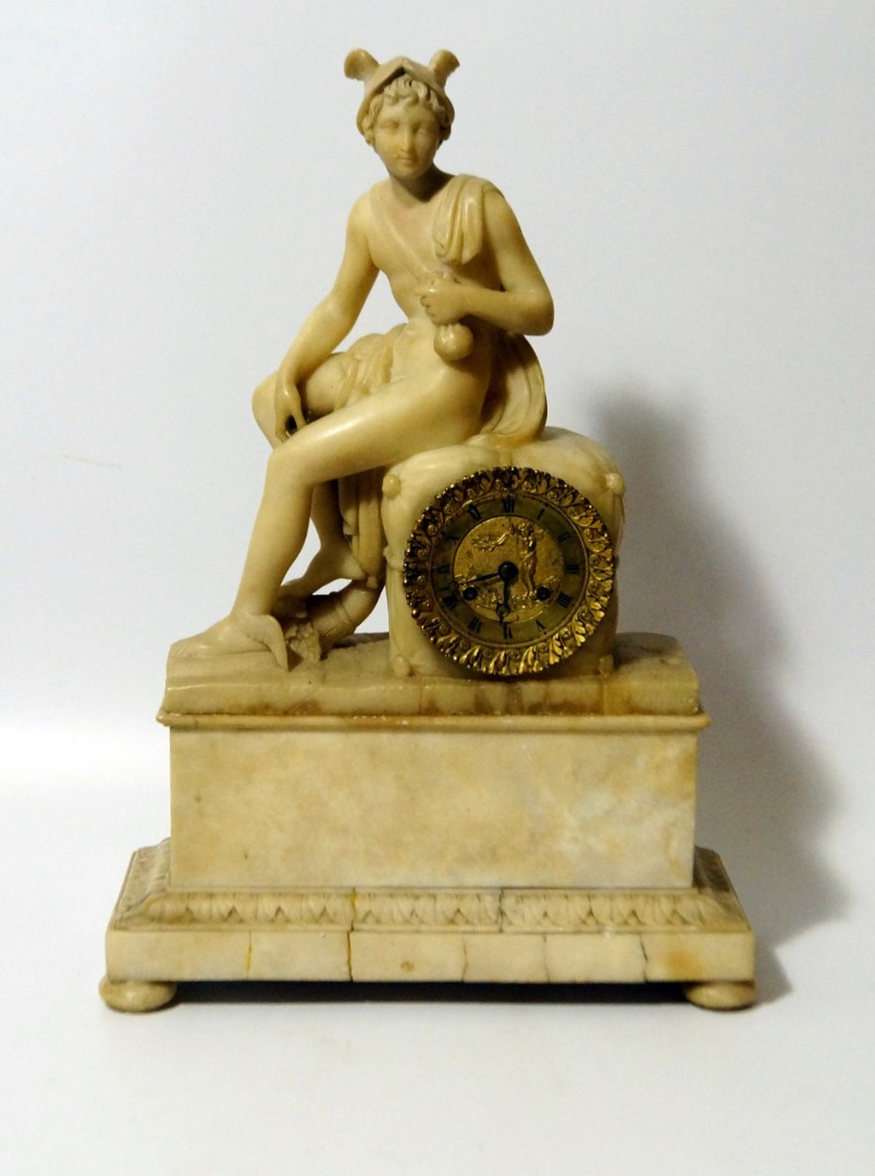 Appraisal: A thC alabaster mantel clock with eight day movement striking