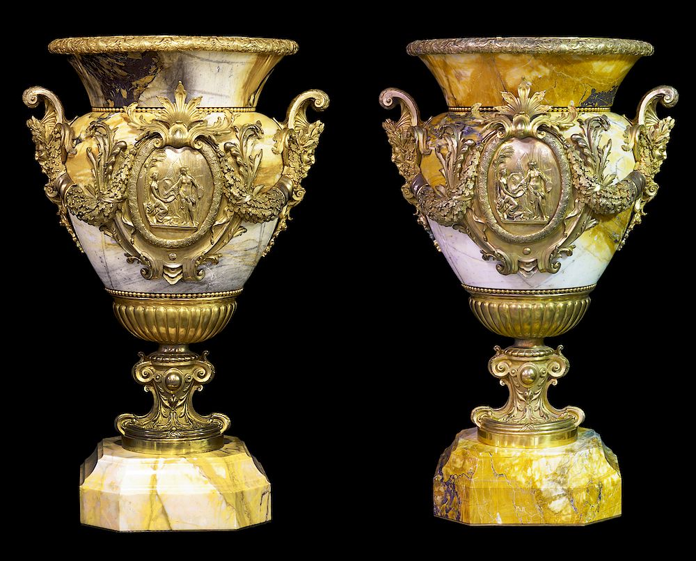 Appraisal: Pr French Monumental Marble Dore Bronze Urns Pair of th