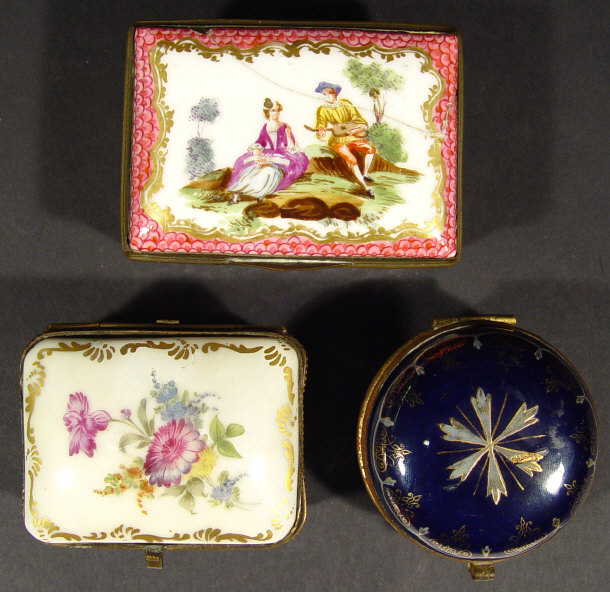 Appraisal: Three th Century porcelain snuff boxes each with metal mount