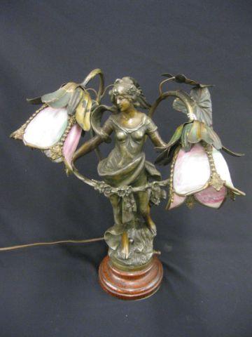 Appraisal: Victorian Figural Bronzed Lamp slag glass tulip shades maiden with