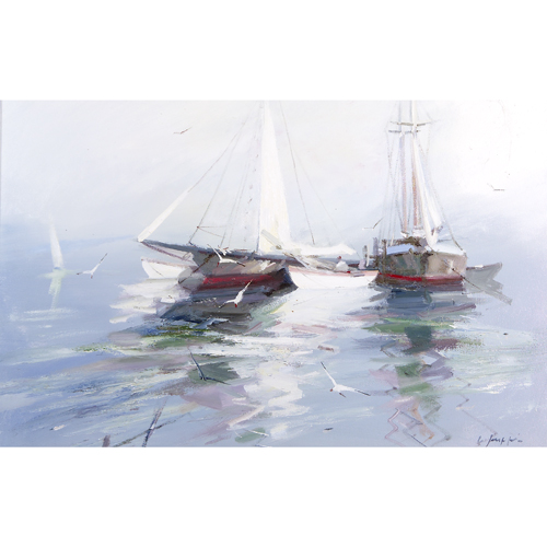 Appraisal: Charles Gruppe b oil-on-canvas of catamaran and sailboats framed Signed