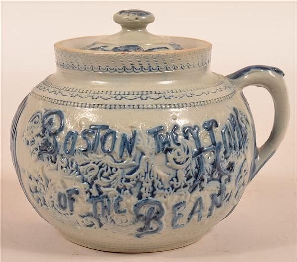 Appraisal: Boston Bean Crock with Embossed Decoration Glazed Stoneware Covered Bean