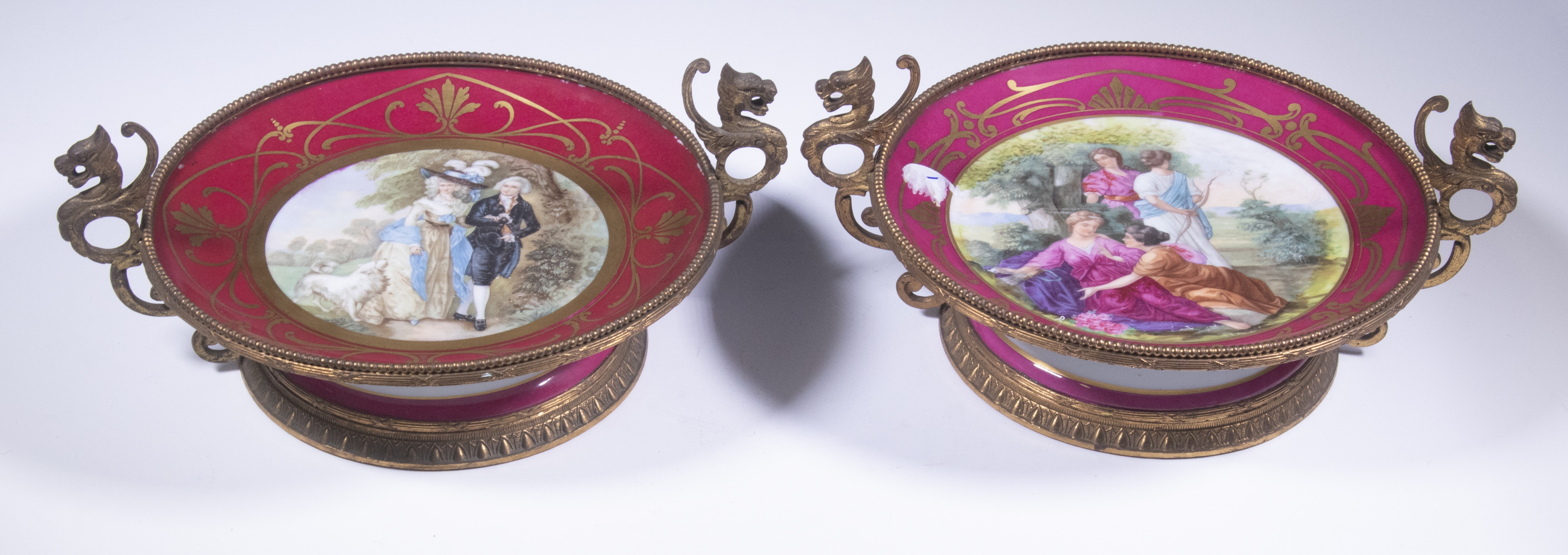 Appraisal: PR FRENCH PORCELAIN TAZZAS Pair of Bronze Mounted Limoges Porcelain