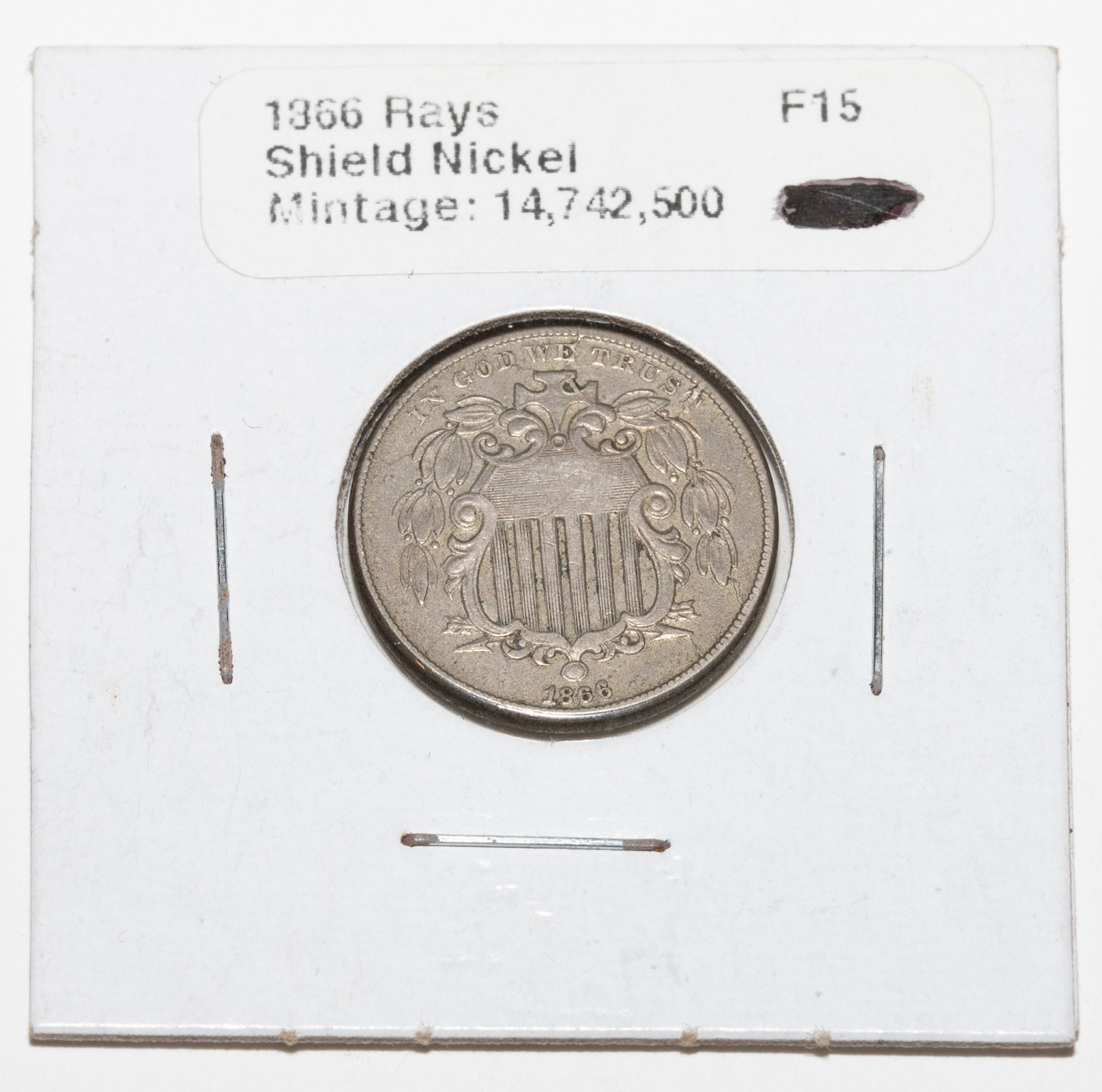 Appraisal: WITH RAYS SHIELD NICKEL F VF Slightly re-punched to the