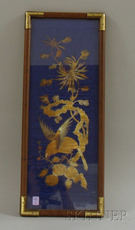 Appraisal: Framed Chinese Gold and Silver Thread Embroidered Silk Panel Depicting