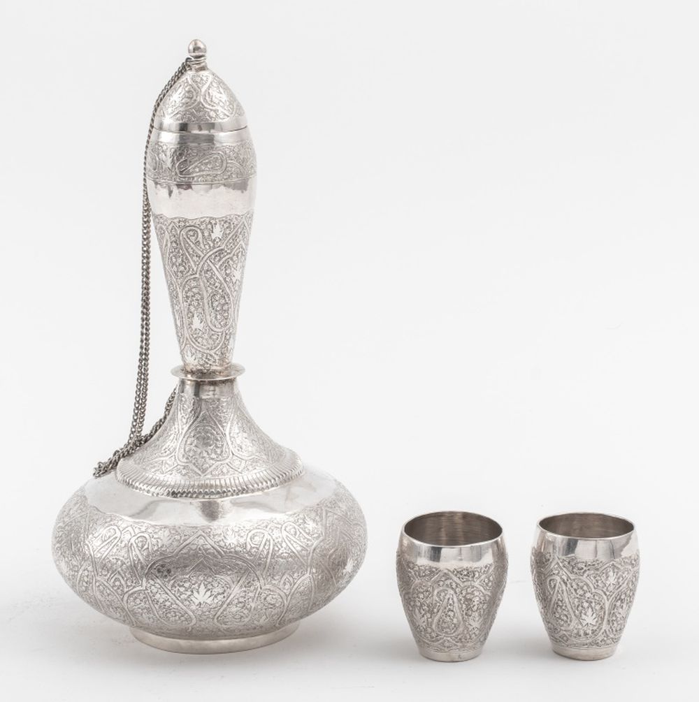 Appraisal: INDO PERSIAN SILVER CARAFE AND CUPS TH C Indo Persian