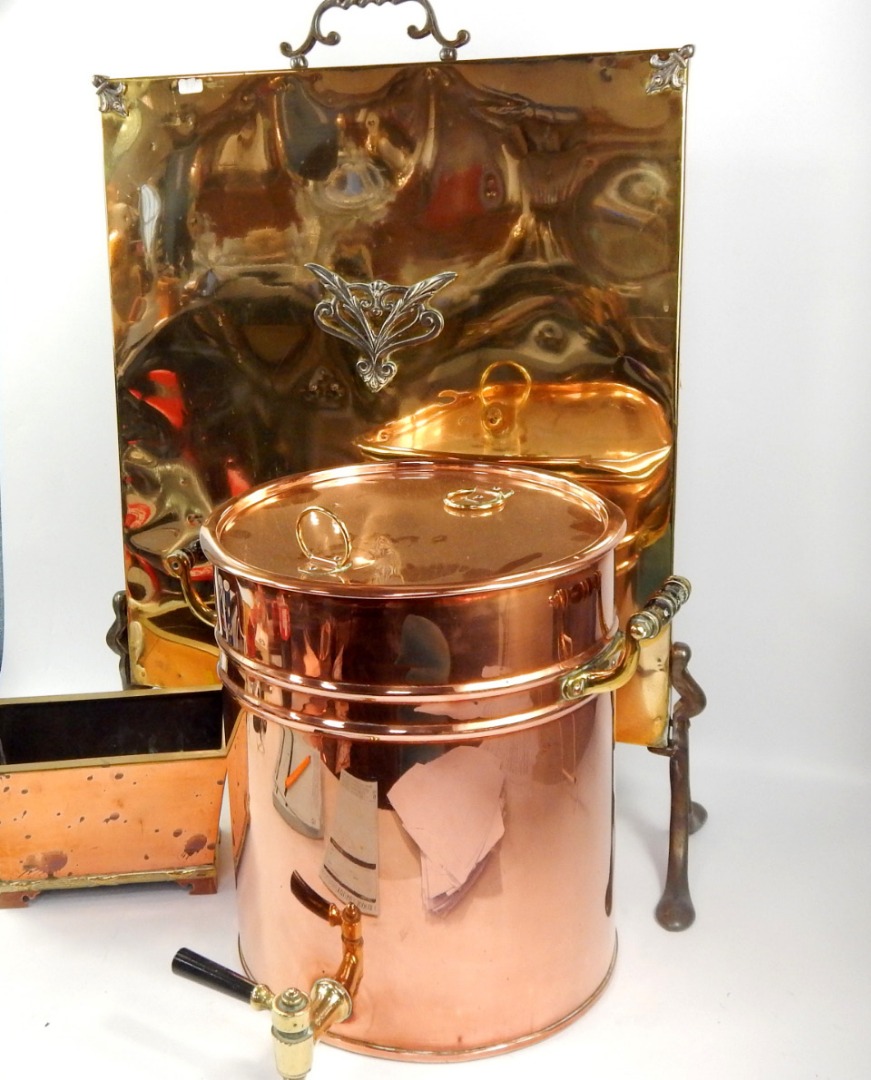 Appraisal: A copper hot water urn brass fire screen cm x