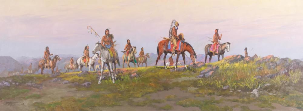 Appraisal: FRED OLDFIELD Washington b oil on canvas Native Americans on