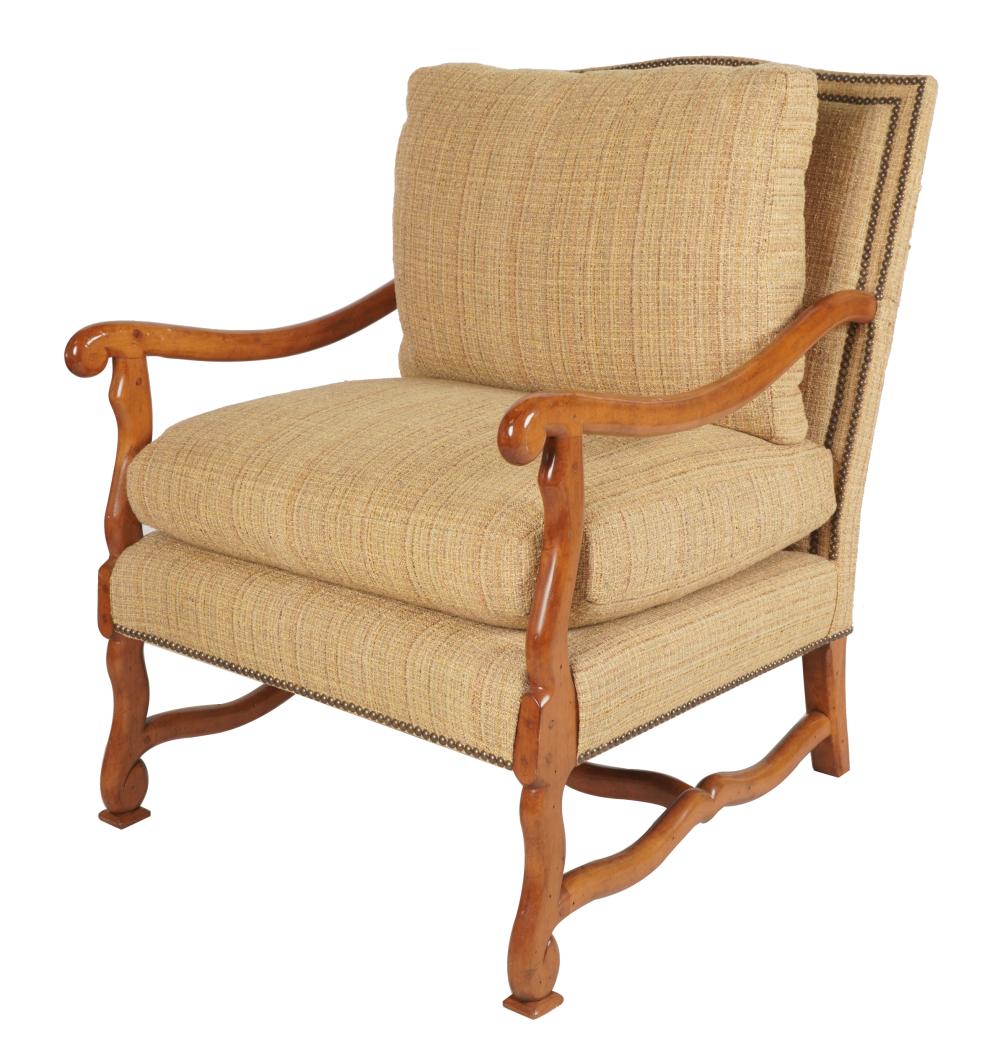 Appraisal: PROVINCIAL STYLE FAUTEUILcontemporary manufacturer unknown covered with beige and brown