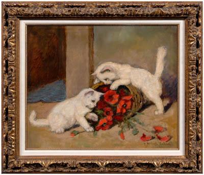 Appraisal: Ranier Zstranffy Gabrielle painting European born two kittens with basket