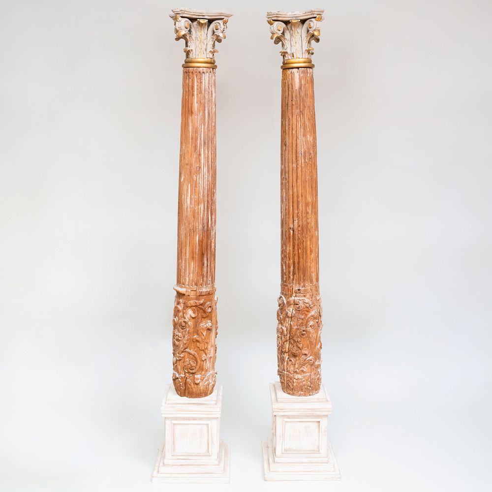 Appraisal: Pair of Painted and Parcel-Gilt Fluted Corinthian Columns Each raised