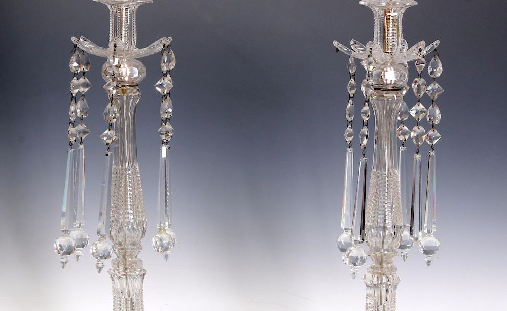 Appraisal: MAJORLY CUT CRYSTAL CANDLESTICK TABLE LAMPS Cut flower petal candle