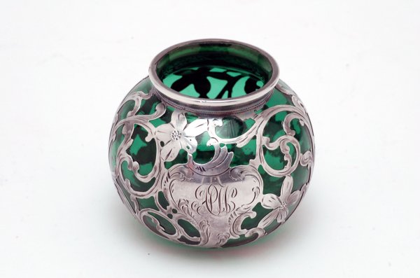 Appraisal: Sterling overlay cabinet vase round in shape of green glass