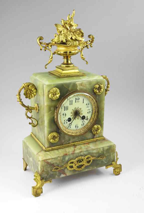 Appraisal: FRENCH ORMOLU AND GREEN ONYX MANTLE CLOCK Floral urn final