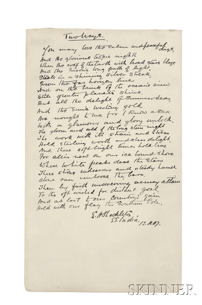 Appraisal: Shackleton Ernest - Autograph Poem Signed November Two Ways One