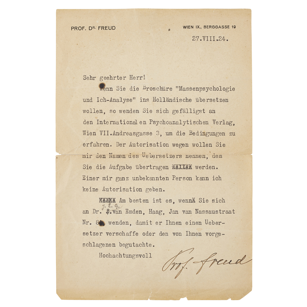 Appraisal: Freud Sigmund Typed letter signed Prof Freud in German to