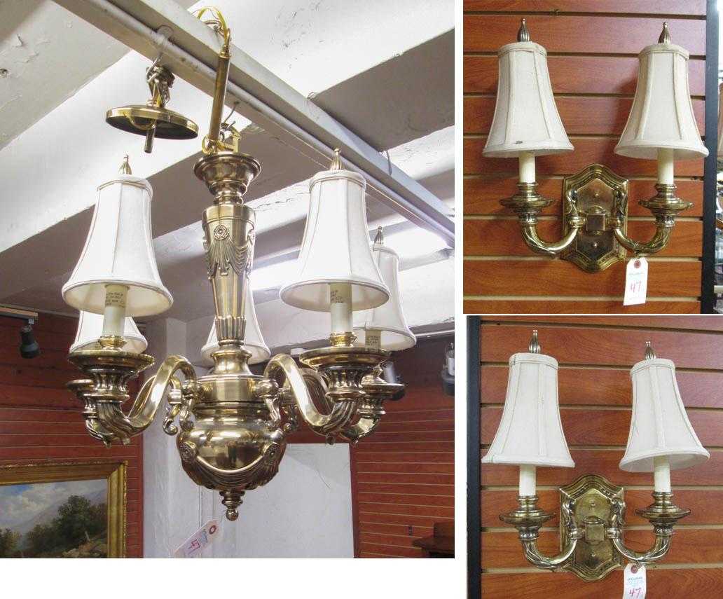 Appraisal: FIVE-LIGHT BRASS CHANDELIER AND MATCHING WALL SCONCE SET 'Abigail' model