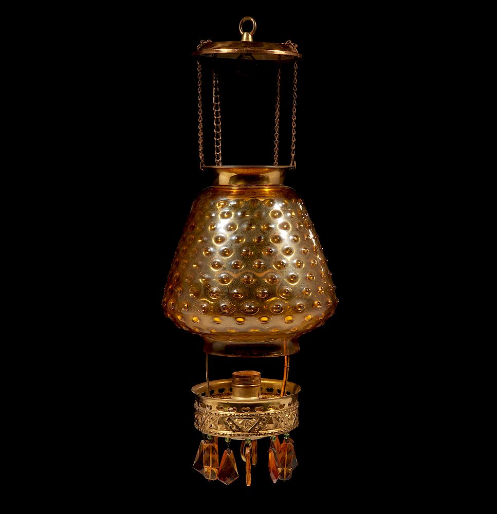 Appraisal: Amber Glass Hanging Kerosene Lamp Kerosene hanging hall lamp with