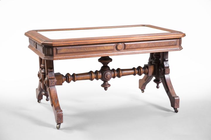 Appraisal: American Renaissance Revival Burl Walnut and Marble-Top Coffee Table third