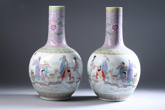 Appraisal: PAIR CHINESE FAMILLE ROSE PORCELAIN BOTTLE VASES Qianlong iron red