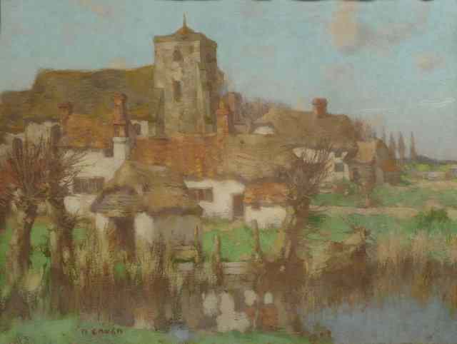 Appraisal: David Gauld British - Church and farm cottages beside a