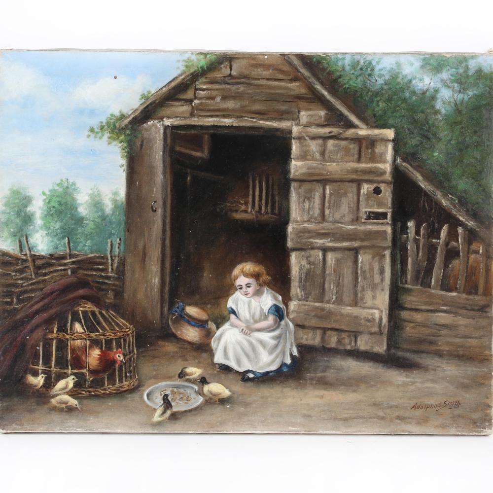 Appraisal: ADOLPHUS SMITH B ANTIQUE AMERICAN NAIVE FARM SCENE GIRL FEEDING