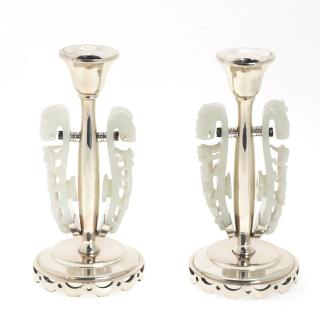 Appraisal: Pair Art Deco jade and sterling candlesticks Pair Art Deco