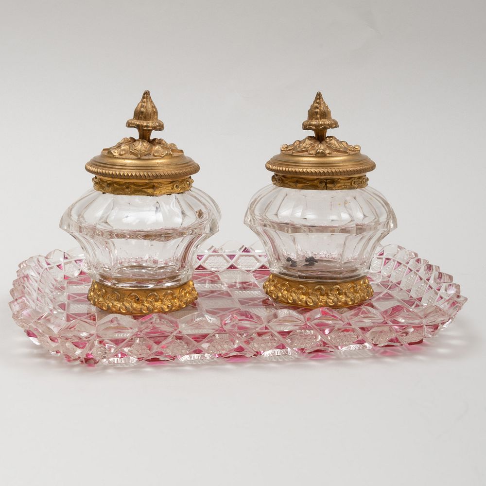 Appraisal: Continental Gilt-Metal-Mounted Cut Glass Inkstand With attached sander and inkpot