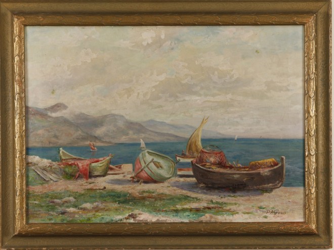 Appraisal: Coastal scene with boats along the shore oil on canvas