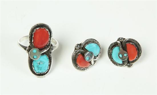 Appraisal: MATCHING ZUNI RING AND EARRINGS Signed by Effie Calavaza ca