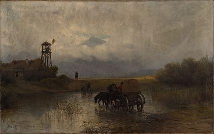 Appraisal: LANDSCAPE WITH HORSE-DRAWN WAGON Oil on canvas x in signed