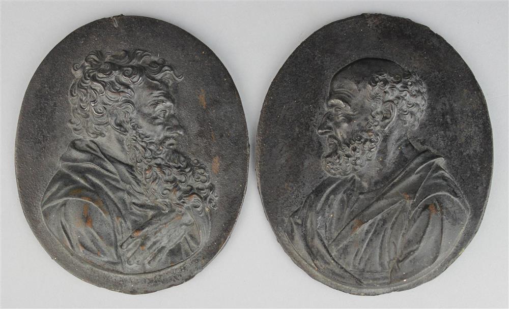 Appraisal: TWO METAL PORTRAIT RELIEF PLAQUES OF BUSTS OF BEARDED SCHOLARS