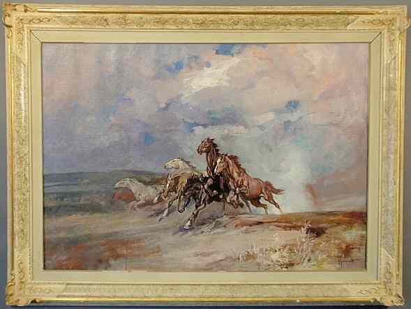 Appraisal: Oil on canvas painting of running wild horses signed l