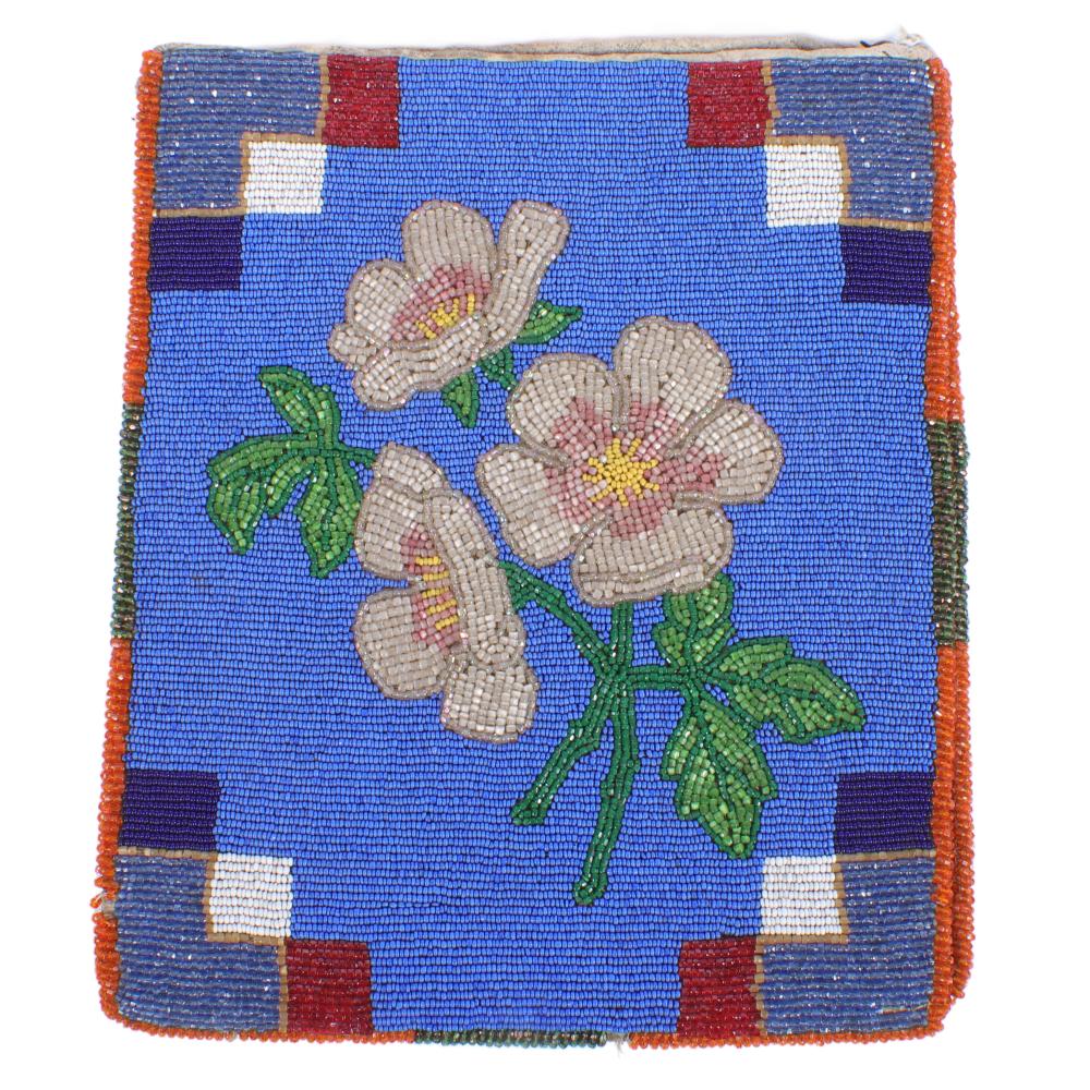 Appraisal: NATIVE AMERICAN HEAVILY BEADED RECTANGULAR POUCH WITH DOUBLE-SIDED DAFFODIL AND