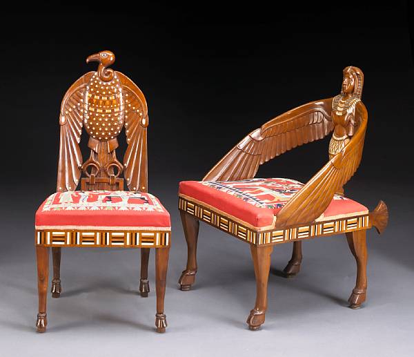 Appraisal: A set of six Egyptian Revival inlaid mahogany chairs late